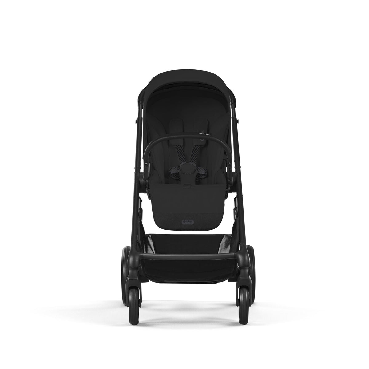Black stroller viewed from the back with canopy and rear wheels