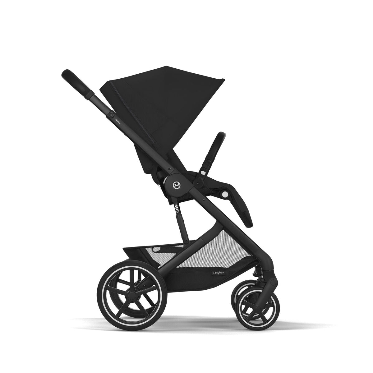 Black stroller side view with canopy and front swivel wheels