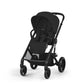 Black stroller with reversible seat, front wheels, and canopy