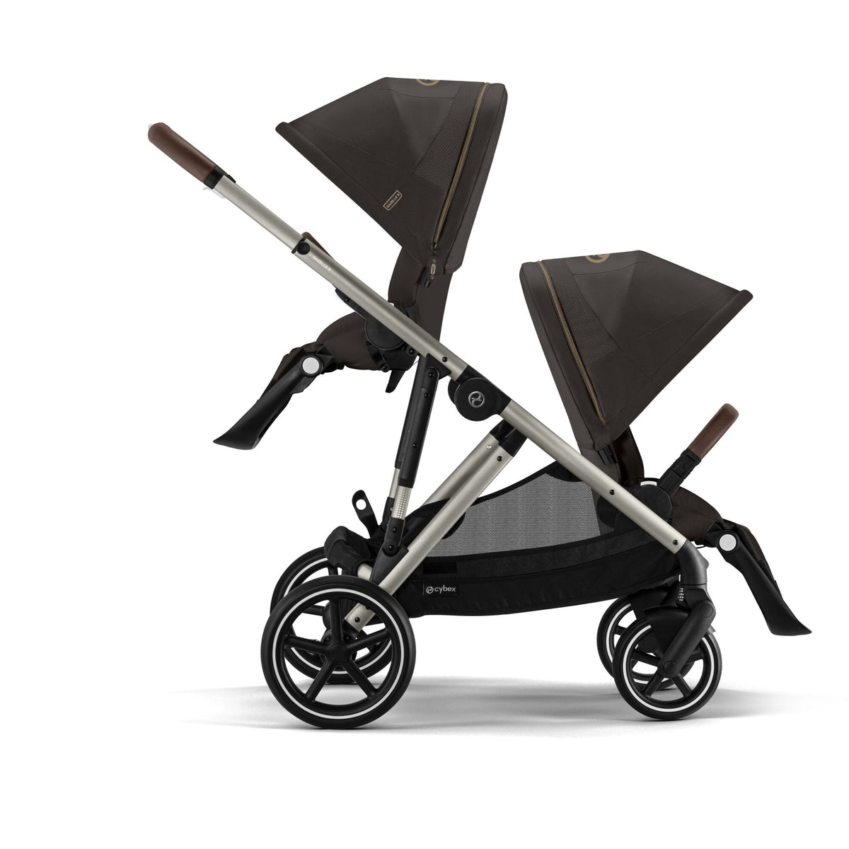 Baby stroller rear angled view, dark seat and canopy, chocolate-brown handle, silver frame, wheels