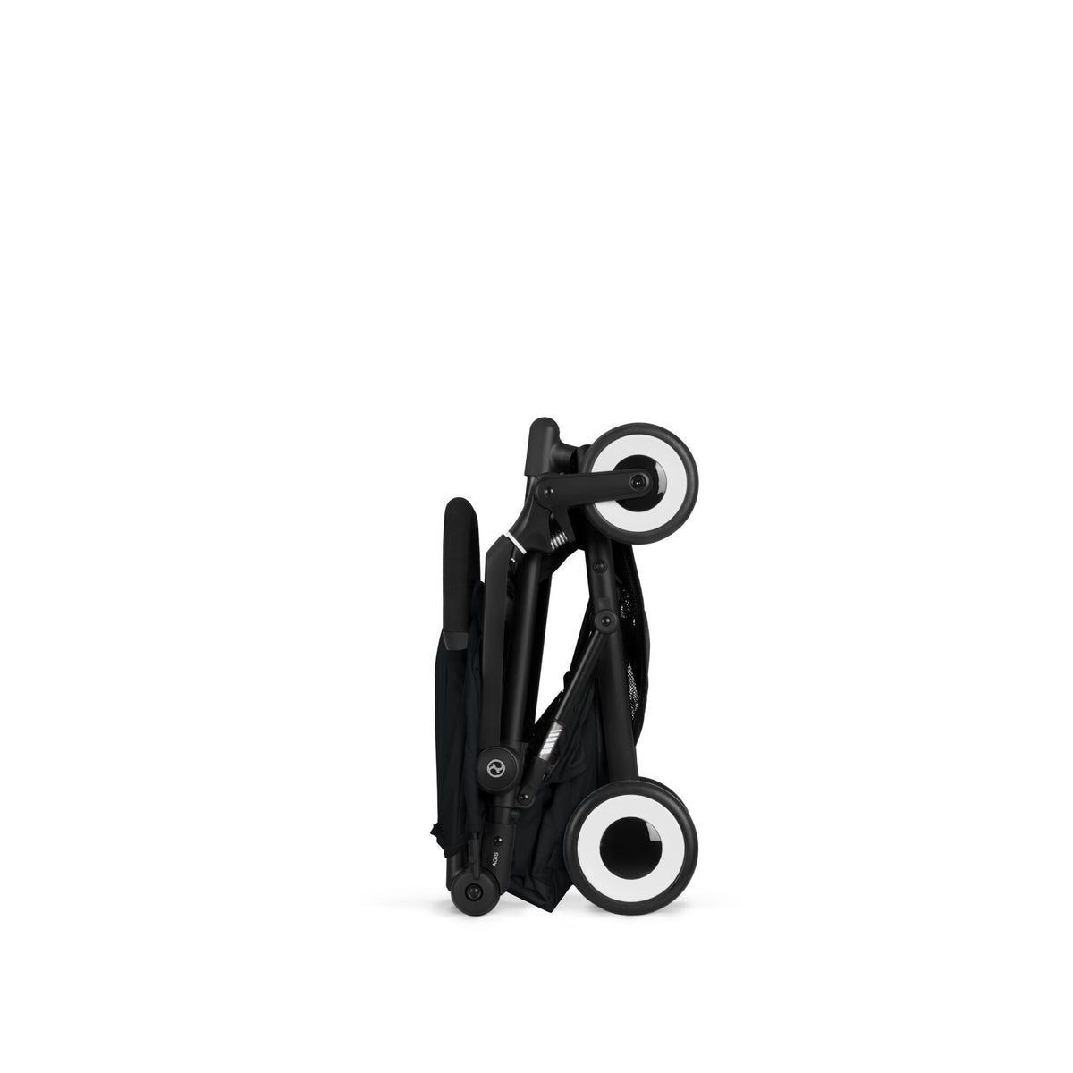 Black foldable stroller viewed from side, with large rear wheels and front swivel wheels