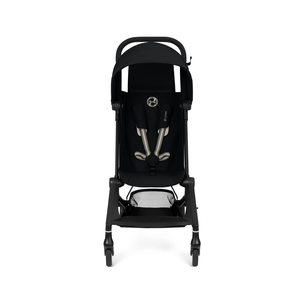 Black stroller with hooded canopy, padded seat, and two front wheels