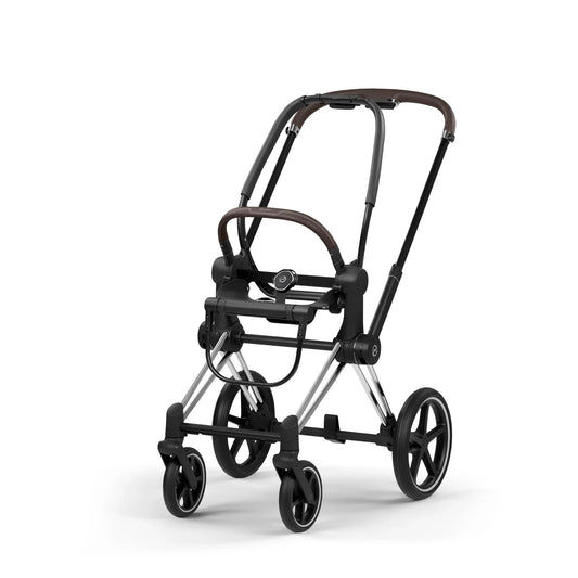 Stroller frame with chrome legs and black wheels, Cybex Priam