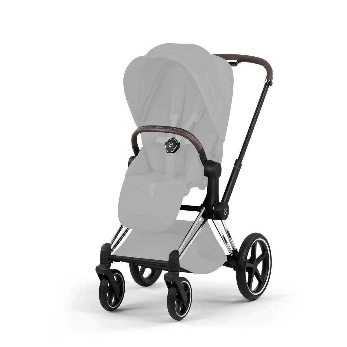 Stroller frame with gray seat cover, chrome legs, and black multi-wheel base