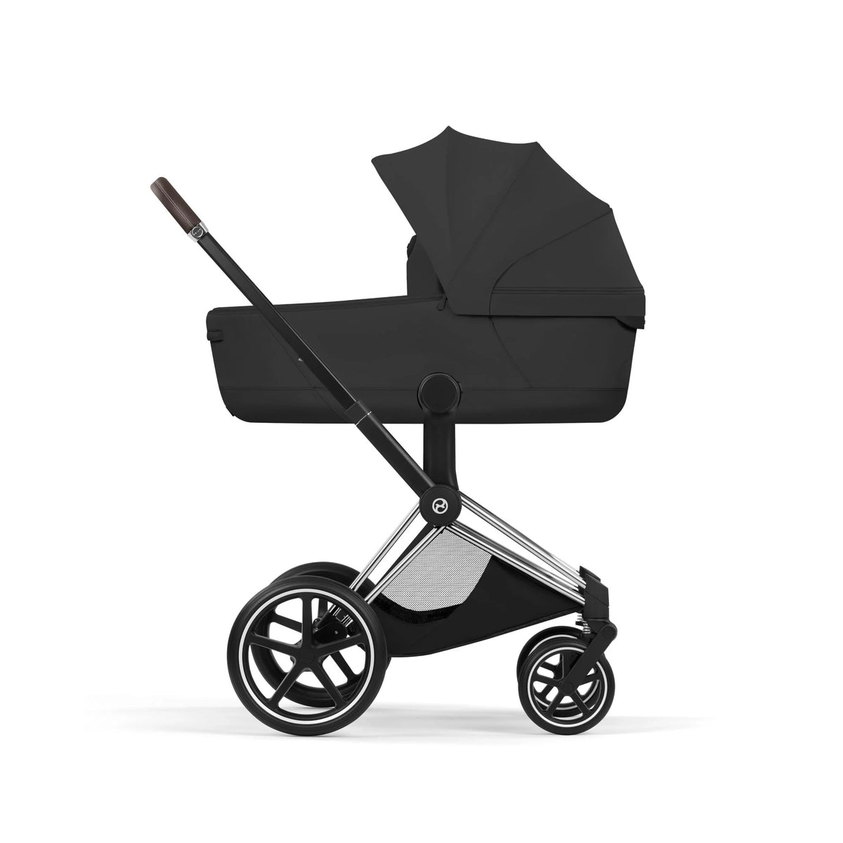 Stroller frame with black seat and chrome legs, canopy and multi-wheel base