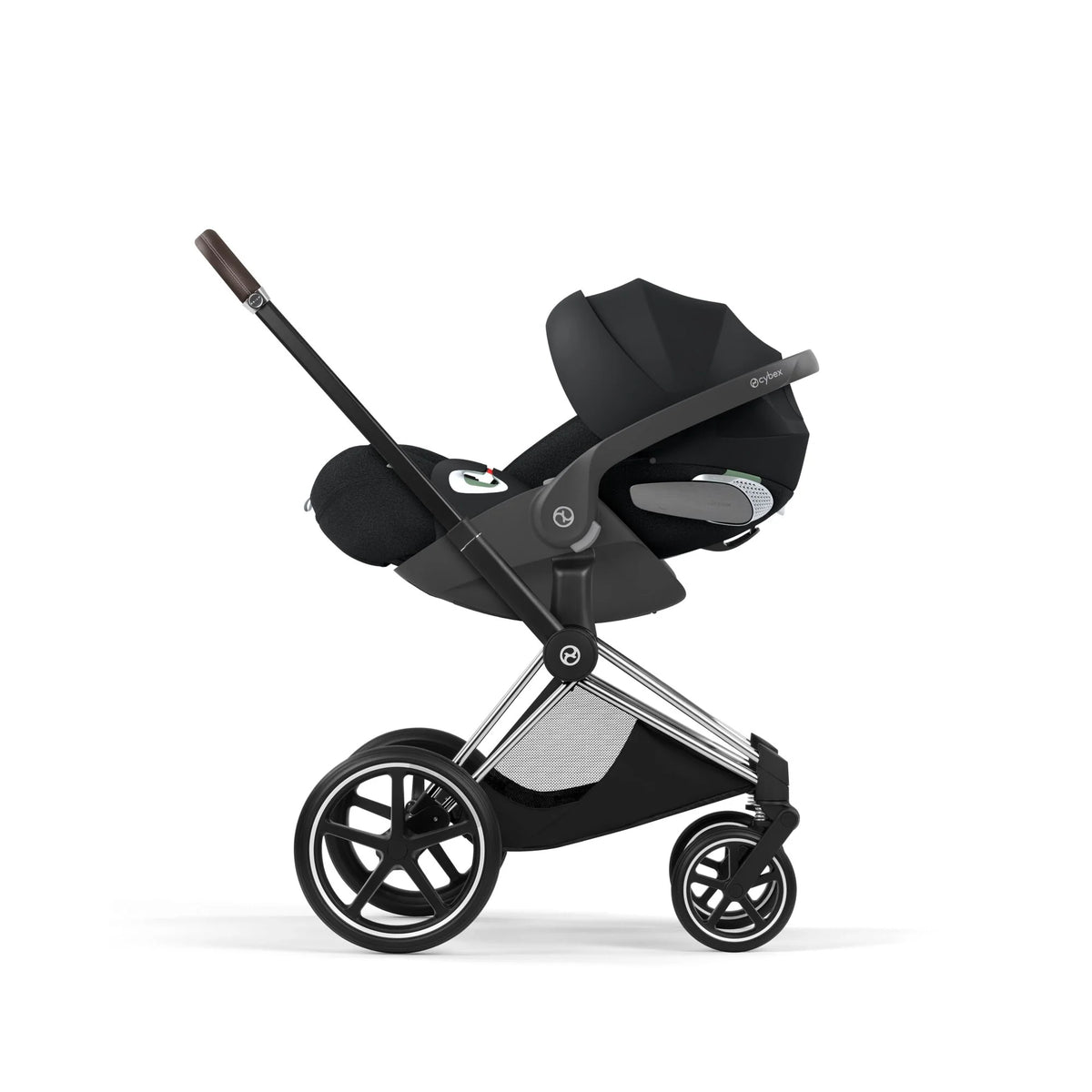 Stroller frame with black seat insert, chrome supports, and multi-wheel base