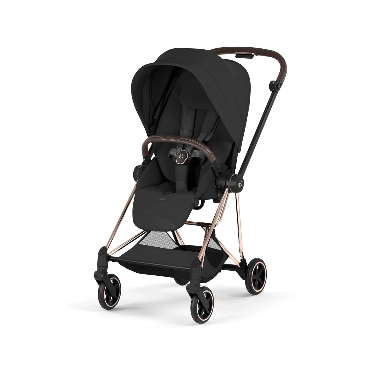 Black stroller seat with canopy, close side view with recline padding and wheels