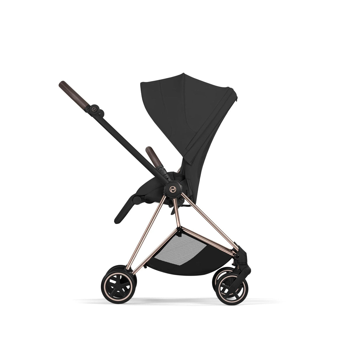 Black stroller seat with canopy and armrest, front view with wheels and harness