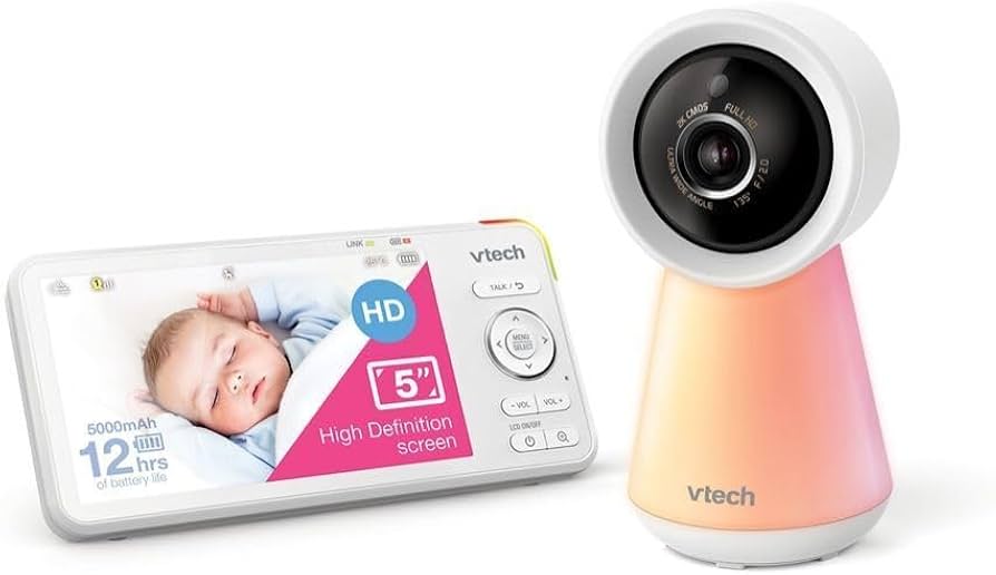 Baby monitor camera and 5-inch HD screen showing sleeping baby