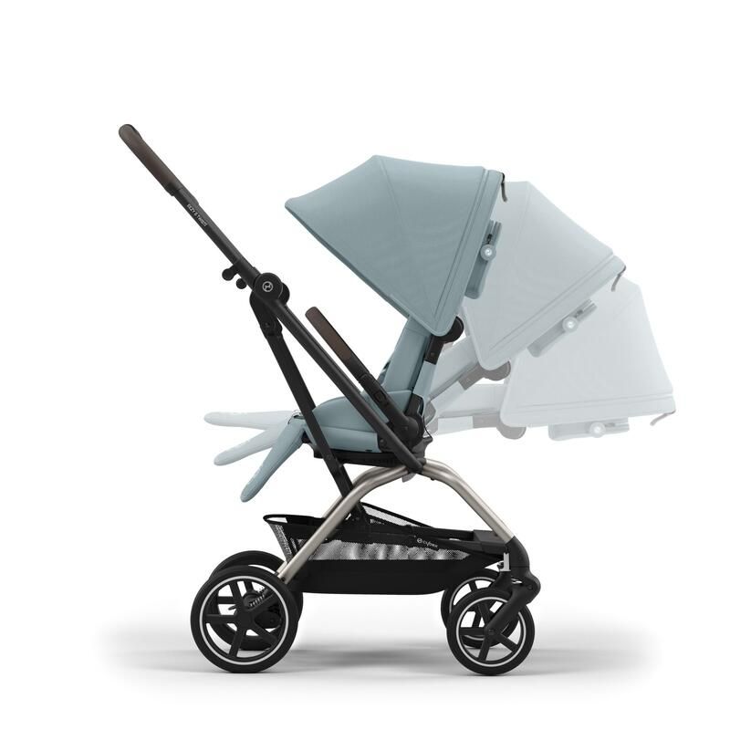 Twist+ 2 stroller with light blue seat, extended canopy and black frame, side view