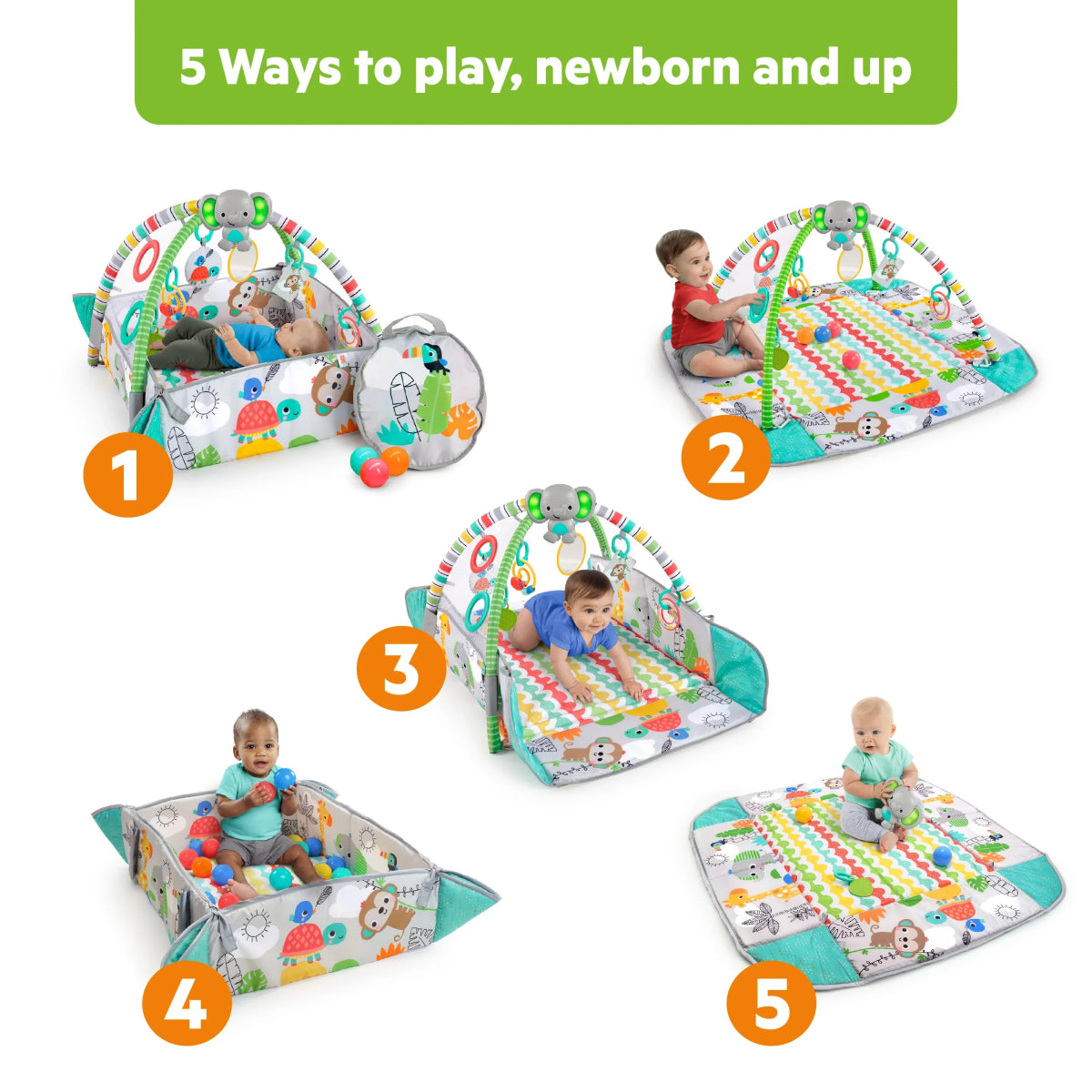 Foldable 5-in-1 baby play mat with activity arch, ball pit, and hanging toys