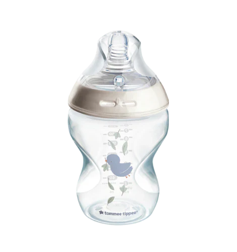 Natural Start baby bottle, clear plastic with blue measurement marks and silicone nipple