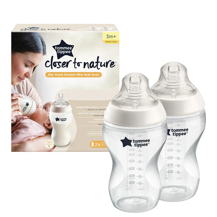 Tommee Tippee Closer to Nature baby bottle set, two clear bottles with handles