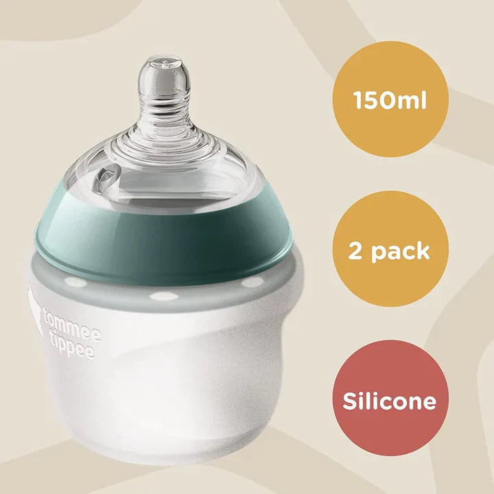 Silicone baby bottle, 150ml, teal ring and white base, clear nipple