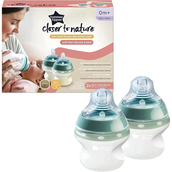 Silicone baby bottles, 150ml, teal and white, two-pack with clear nipples