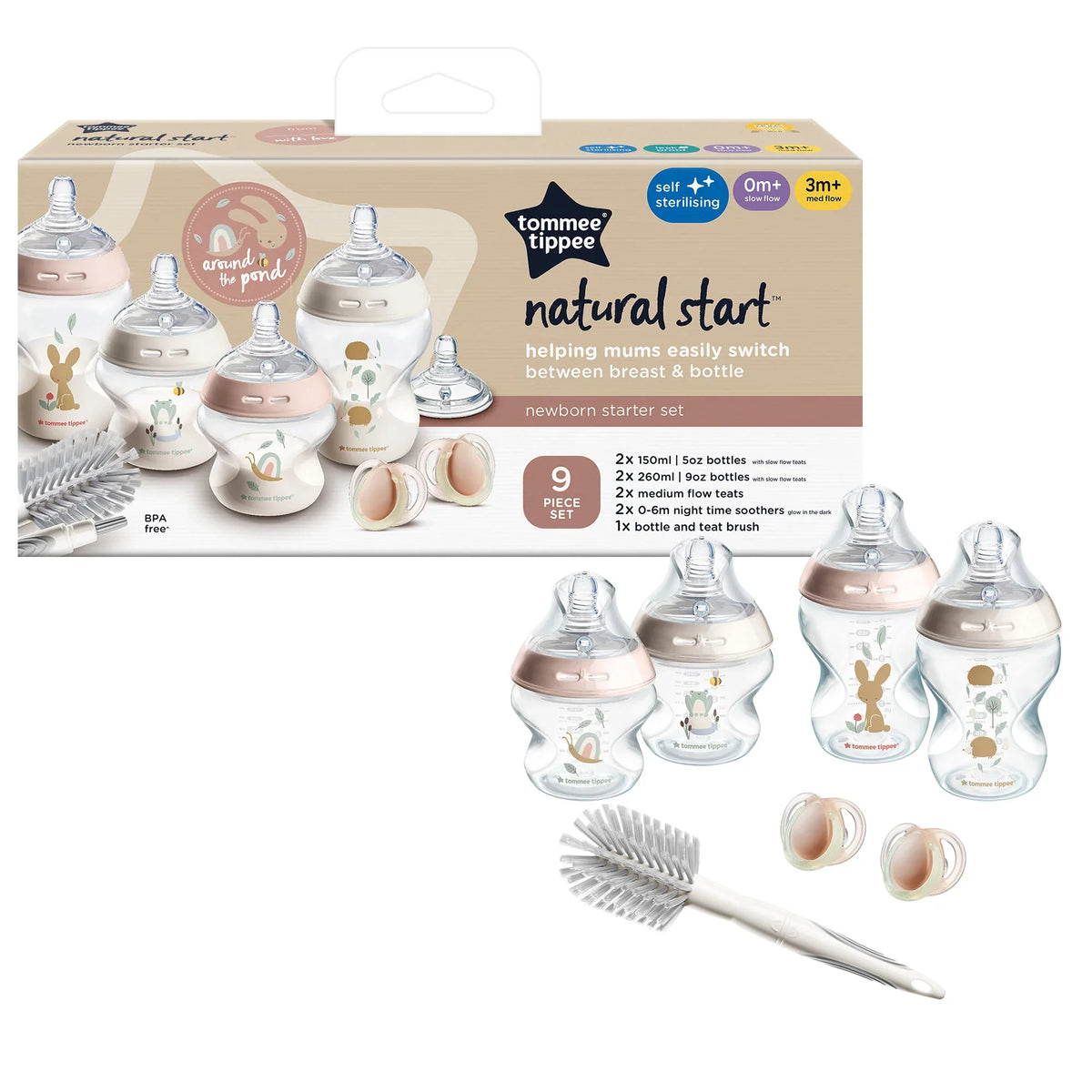 Natural Start newborn starter kit with four patterned baby bottles and cleaning brush