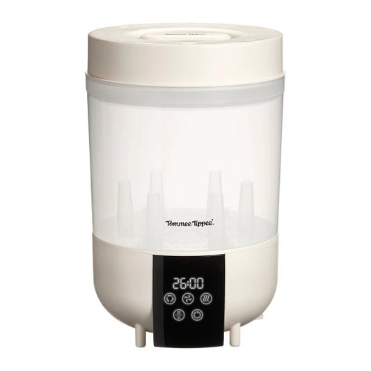 Quick Dry Steriliser with white lid and base, front control panel and timer display