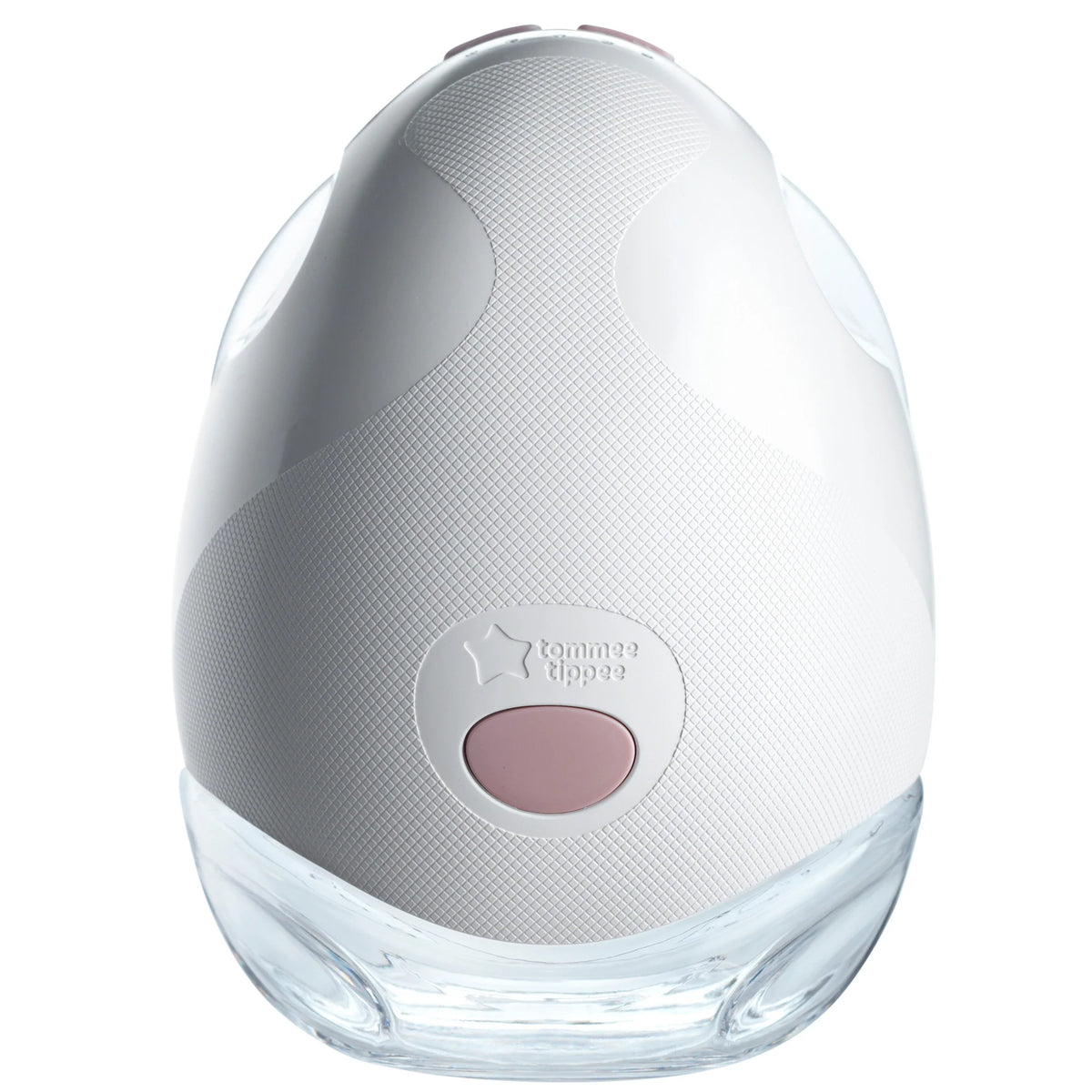 White wearable electric breast pump shell with pink control button and clear rim