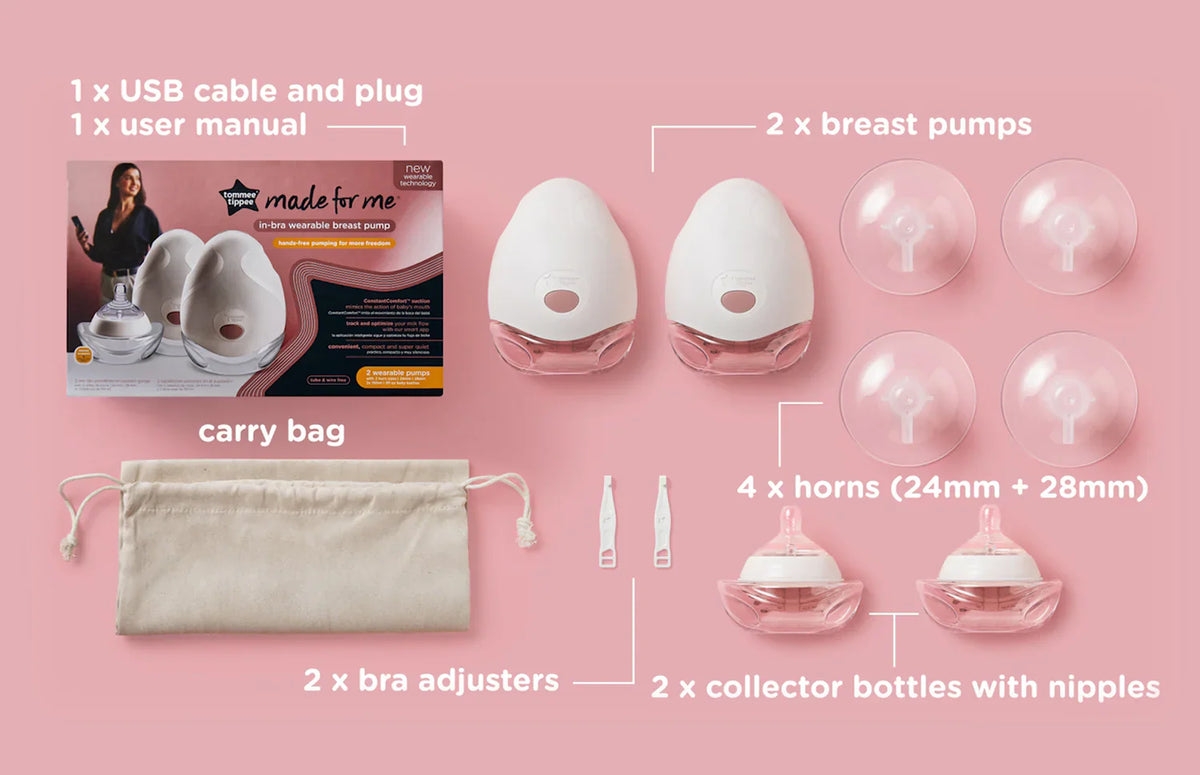 Wearable double breast pump kit with two cups, horns, bottles, and carry bag