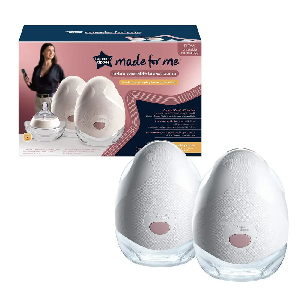 Wearable double breast pump with two gray cups and retail packaging box
