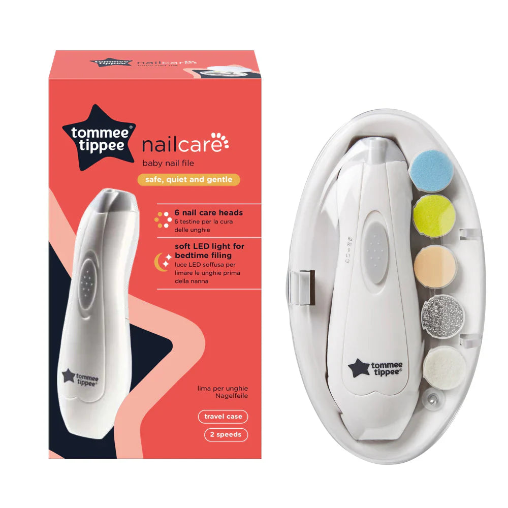 Baby nail trimmer kit: white electric trimmer with 6 colored filing heads in case
