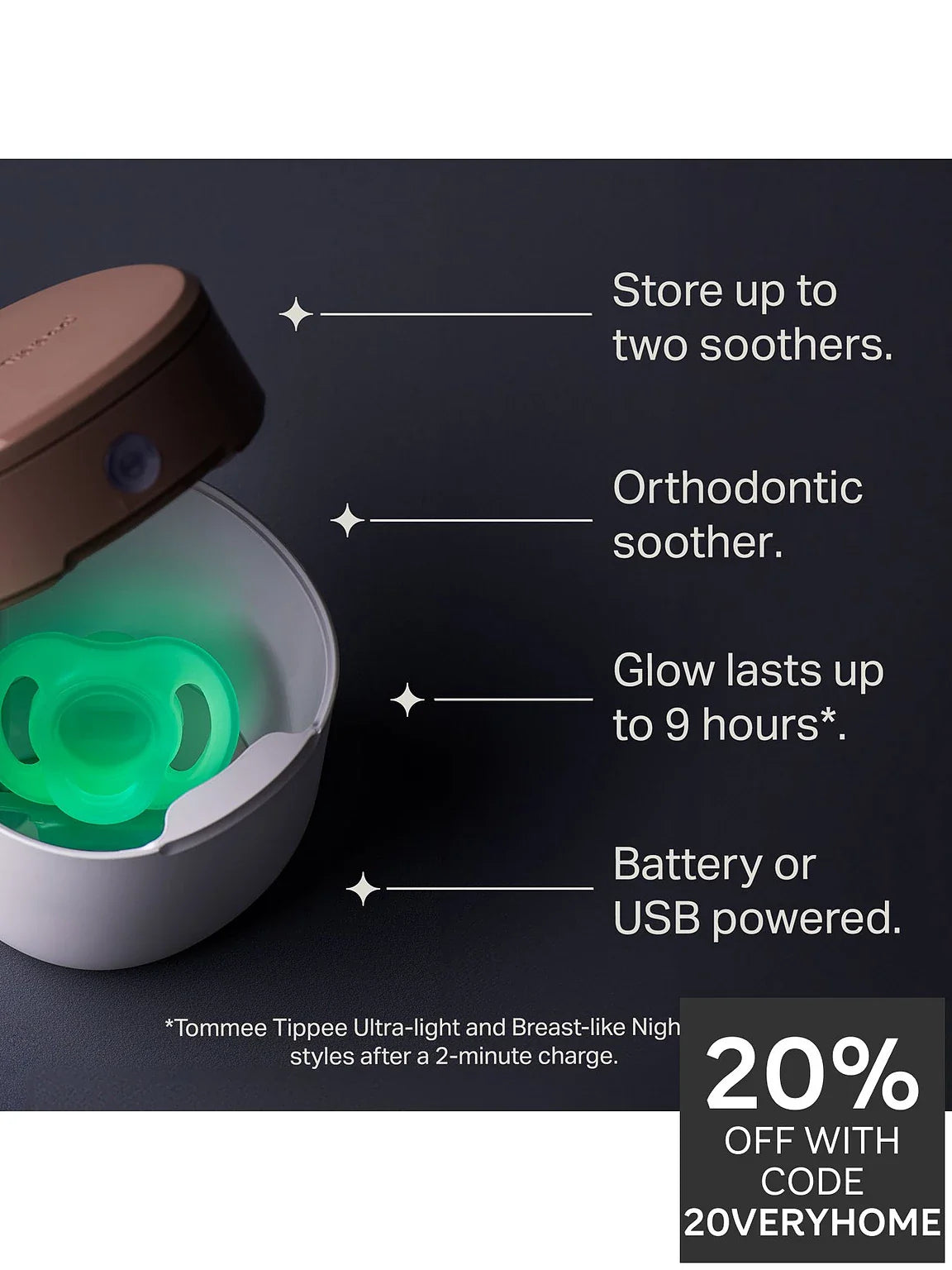 Nightglow UV pod charger with green glow and soother storage