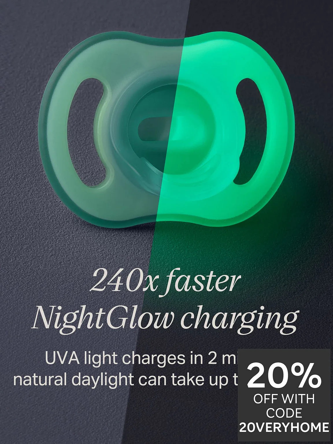 Nightglow UV charging pod with translucent green light panel close-up