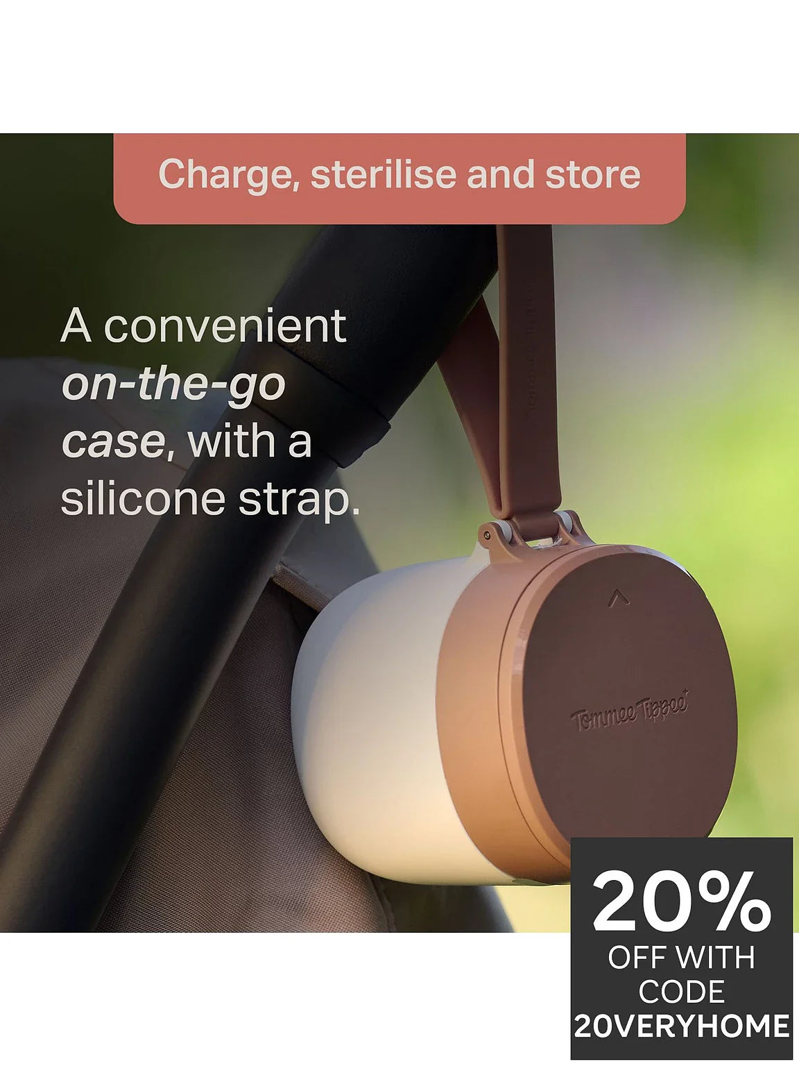 Nightglow UV pod charger with silicone strap, rose-gold lid and white body
