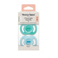 UltraLight stay put silicone pacifier box with teal and light blue pacifiers