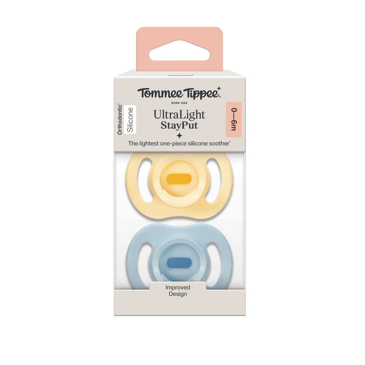 UltraLight stay put silicone pacifier box with yellow and light blue pacifiers