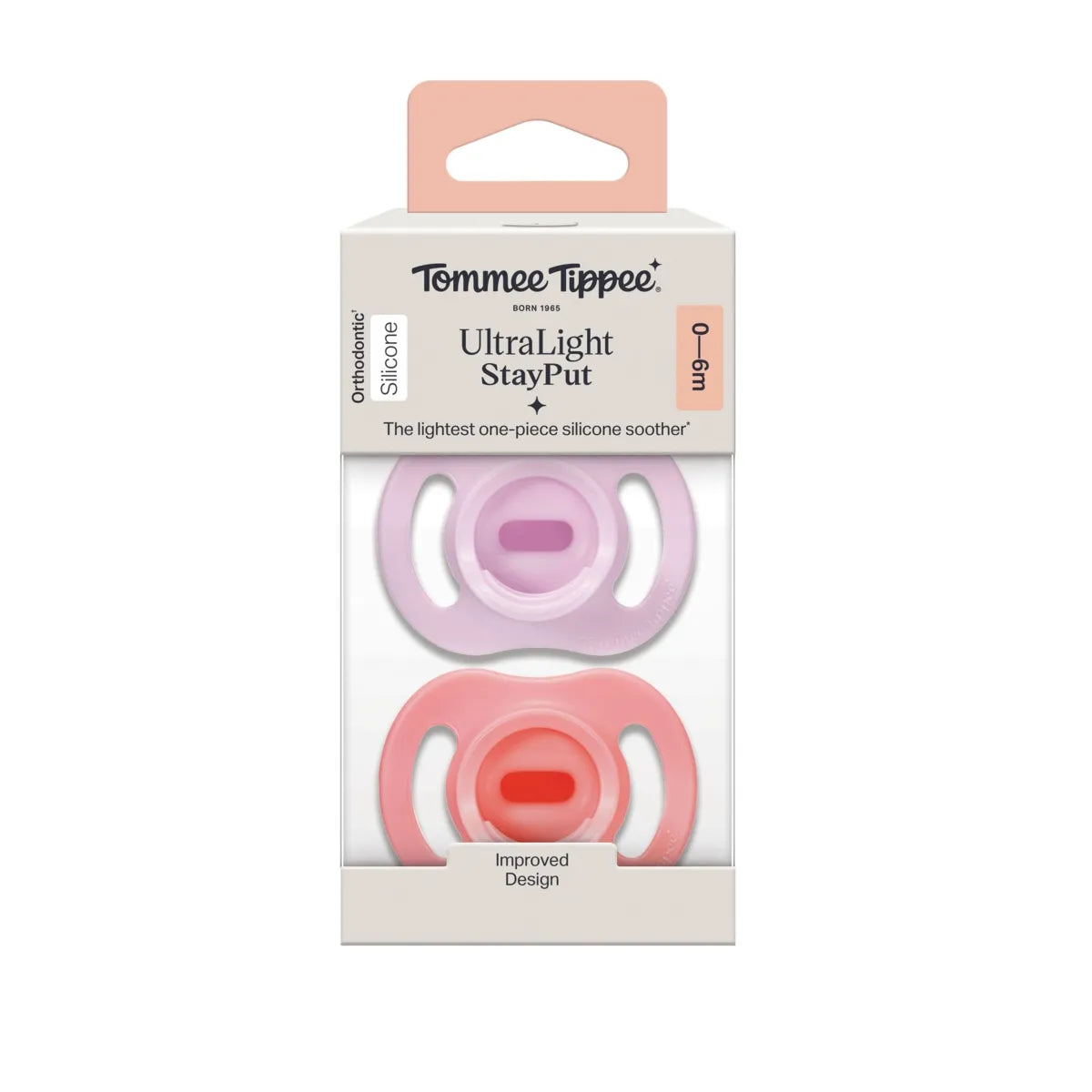 UltraLight stay put silicone pacifier box with light purple and pink pacifiers