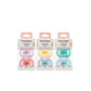 Pacifier set box showing UltraLight silicone pacifiers in pink, teal, and blue