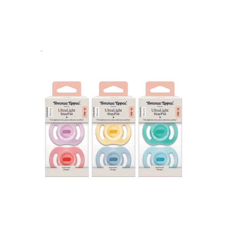 Pacifier set box showing UltraLight silicone pacifiers in pink, teal, and blue
