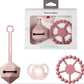 Pink silicone baby comfort set box with teether ring, soother and handled accessory