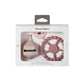 Pink silicone baby comfort set in box with soother, teether ring and accessory