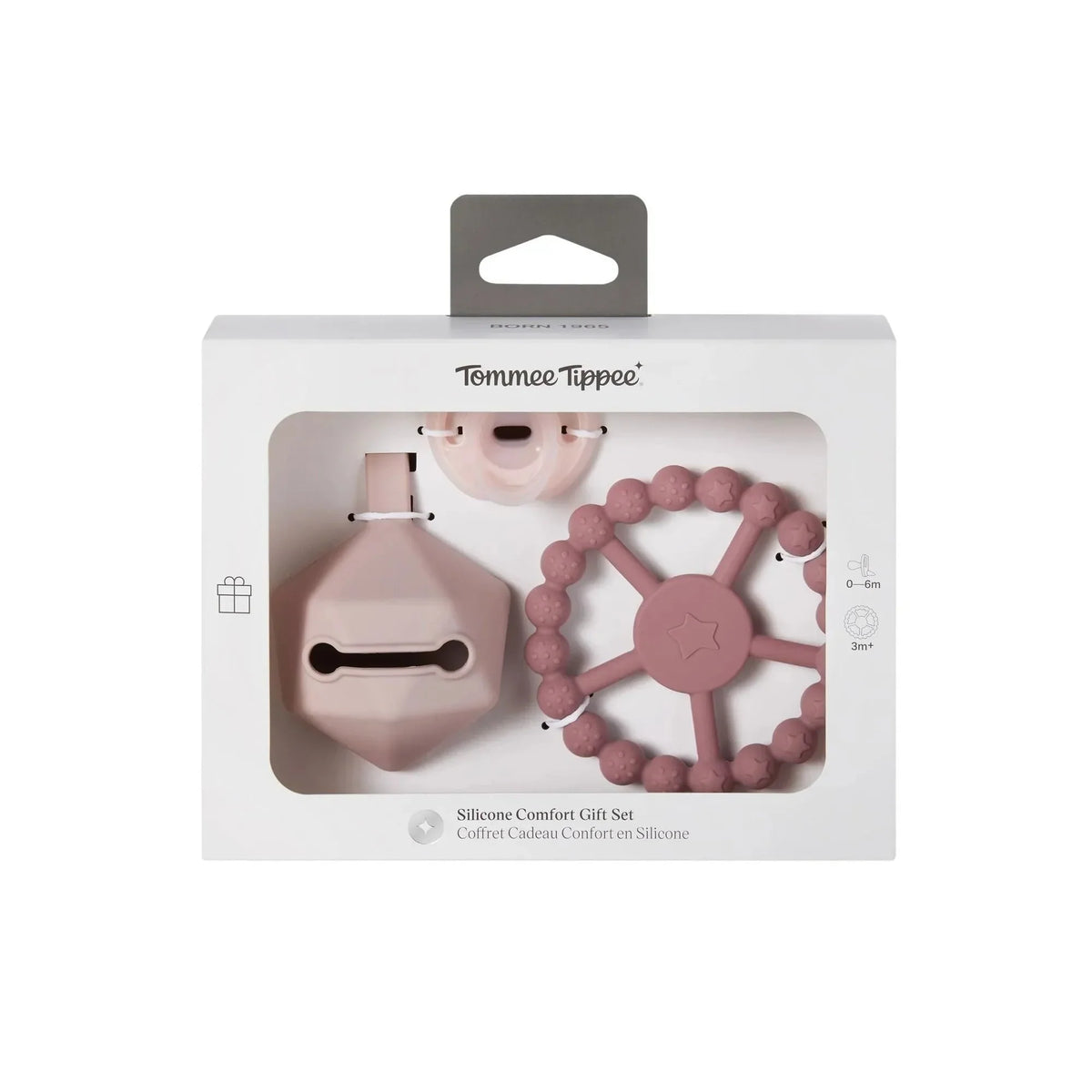 Pink silicone baby comfort set in box with soother, teether ring and accessory