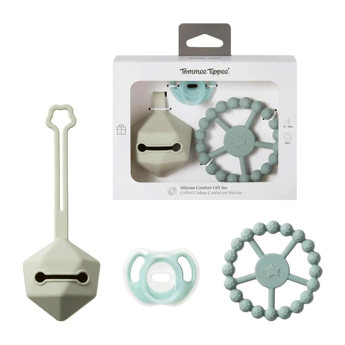 Tommee Tippee silicone comfort gift set, light green pacifier, teether and ring
