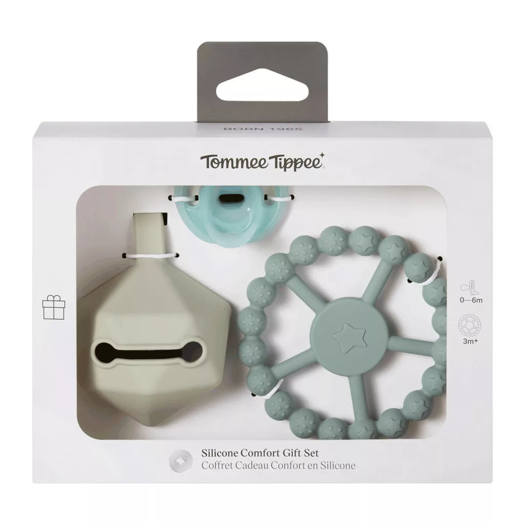 Tommee Tippee silicone soother gift set, light green with 0–6m teether ring