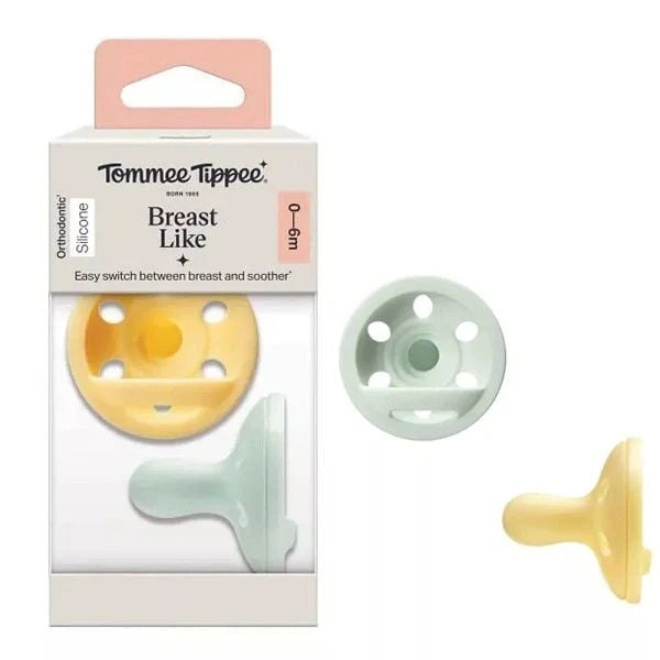 Breast-like pacifier set, yellow and green silicone shields, 0–6 months (Tommee Tippee).