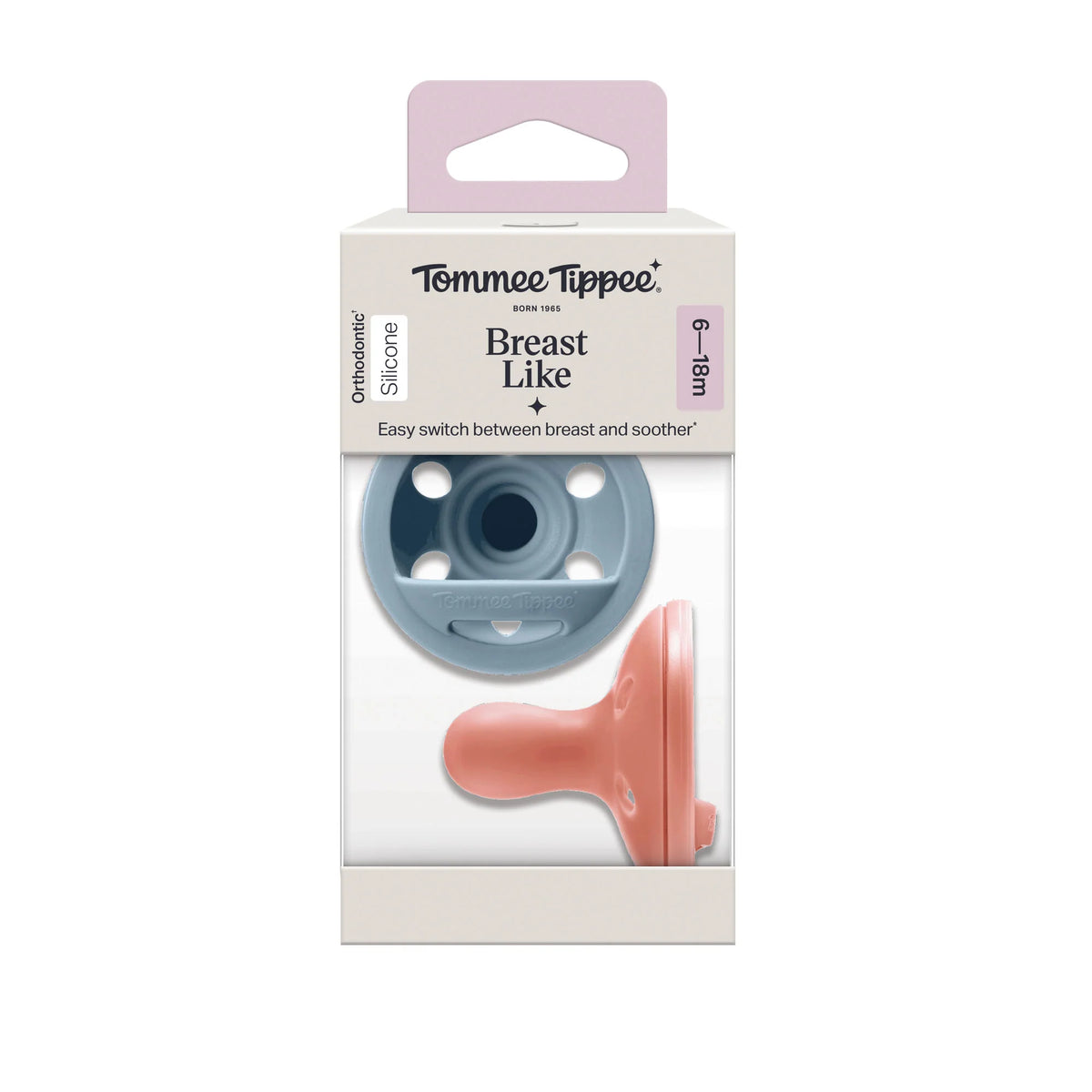 Pack of 2 pacifiers, blue and peach silicone for 6–18 months