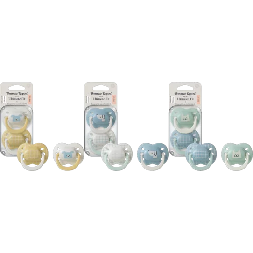 Tommee Tippee Ultimate Fit pacifiers, assorted yellow, mint and blue with animal faces