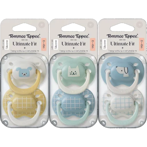 Tommee Tippee Ultimate Fit baby pacifier pack, assorted yellow and blue with cute icons