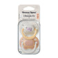 Pack of two baby pacifiers: white with purple face and pale with orange grid
