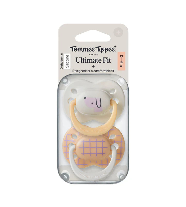 Pack of two baby pacifiers: white with purple face and pale with orange grid