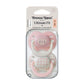 Pack of two baby pacifiers: pink cat face and pale grid design, 0–6 months