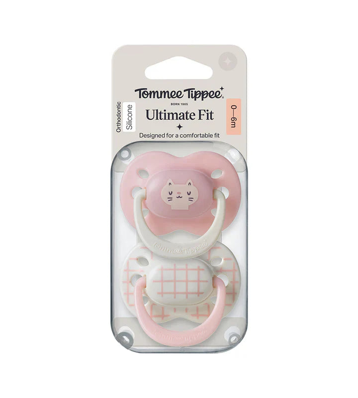 Pack of two baby pacifiers: pink cat face and pale grid design, 0–6 months
