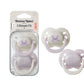 Pair of baby pacifiers, light shields with purple and checkered accents, 0–6 months