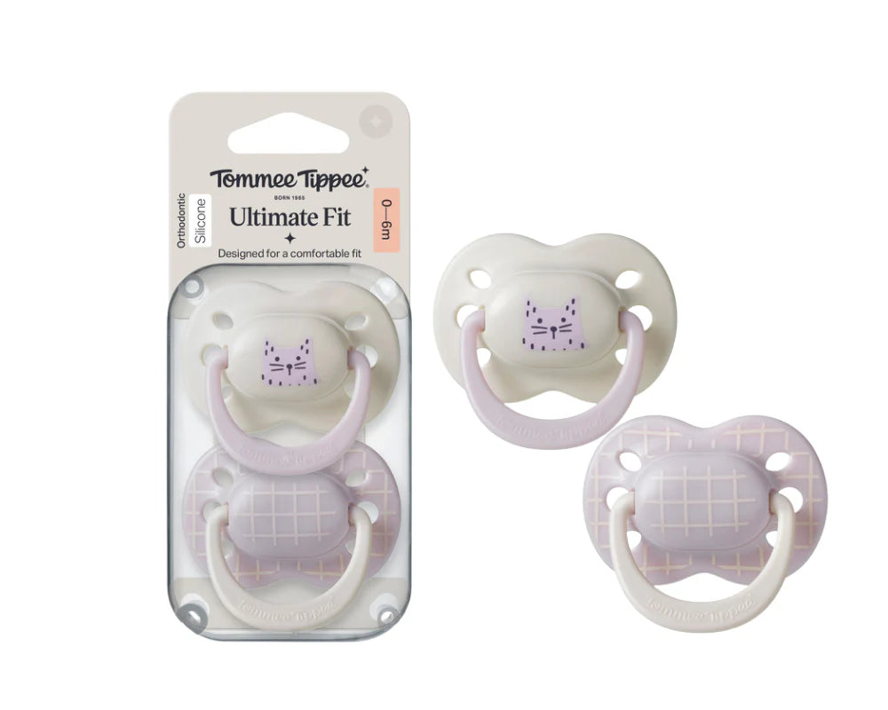 Pair of baby pacifiers, light shields with purple and checkered accents, 0–6 months