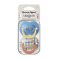 Tommee Tippee pacifier pair, blue character and multicolor designs, 6–18m
