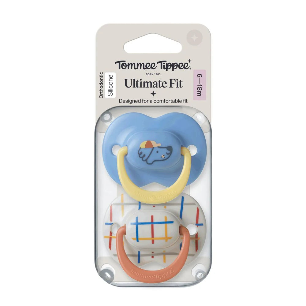 Tommee Tippee pacifier pair, blue character and multicolor designs, 6–18m
